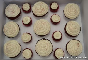 red velvet cupcakes in a box